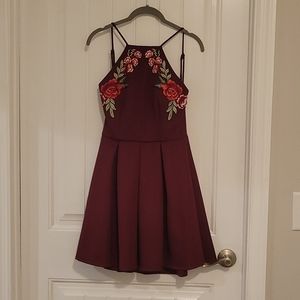 Wine Embroidered Front Mini Dress, 3/4